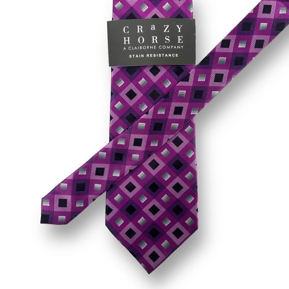 Crazy Horse Men's Stain Resistant Neck Tie Purple Geometric Grid 100% Silk‎ New